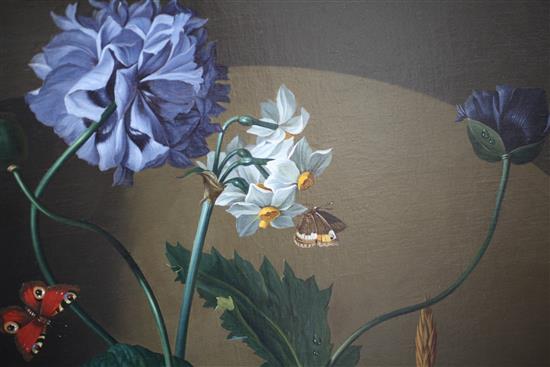Leopold Zinnogger (Austrian, 1811-1872) Still life of flowers, fruit, butterflies and birds nest upon a marble ledge, 53 x 37in.